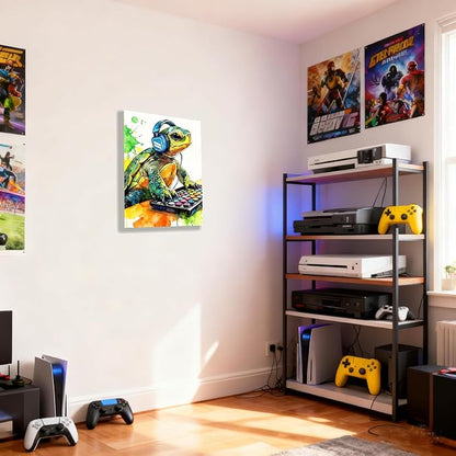 Graffiti DJ Sea Turtle Canvas Wall Art Modern Funny Print 12x16 inch Green Tortoise with Headphones Teen Boy Gaming Room Cool Framed Turtle Art Decor Kids Animal Bedroom Office Home Poster