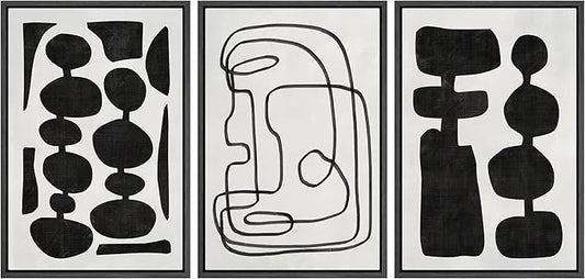 SIGNLEADER Framed Canvas Print Wall Art Set Retro Mid-Century Boho Duotone Collage Abstract Shapes Illustrations Minimal Decorative Bohemian Nordic for Living Room, Bedroom, Office - 24"x36"x3 Black