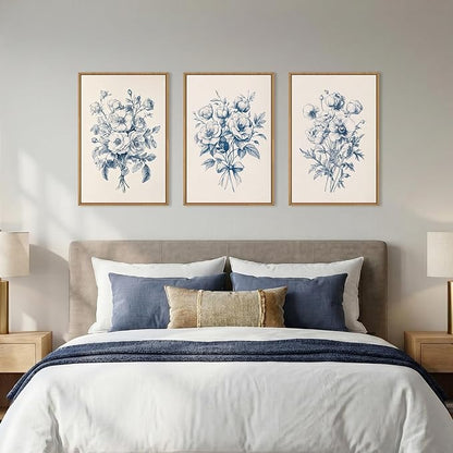 KAIRNE Navy Blue Floral Framed Canvas Wall Art Set,Vintage Botanical Flower Wall Decor,Modern Minimalist Bouquet Art Prints,Neutral Rose Artwork for Living Room,Bedroom,Farmhouse,Office-24 x36 x3