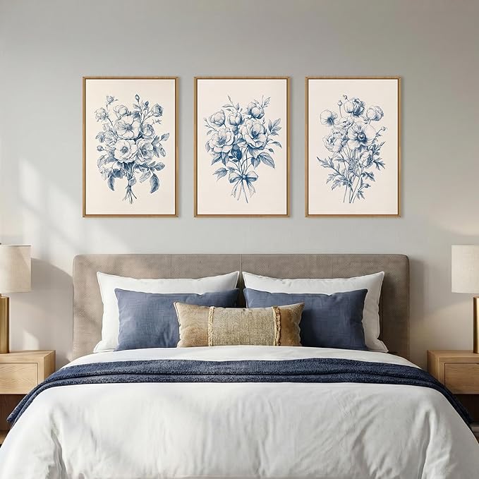 KAIRNE Navy Blue Floral Framed Canvas Wall Art Set,Vintage Botanical Flower Wall Decor,Modern Minimalist Bouquet Art Prints,Neutral Rose Artwork for Living Room,Bedroom,Farmhouse,Office-16 x24 x3