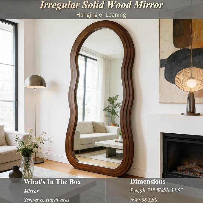 Wavy Full Length Mirror, 71"x33.5" Oversized Organic Floor Mirrors with Triple Layer Solid Wood Frame, Premium Aesthetic Full Body Mirror for Living Room Entryway Hallway, Leaning/Hanging