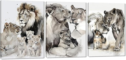 3 Pieces Lion Pictures Wall Art Animal Canvas Paintings Brown Lion Family Portrait Pictures Wall Decor Watercolor Style Poster Living Room Home Office Decor, Framed 12" x 16"x3