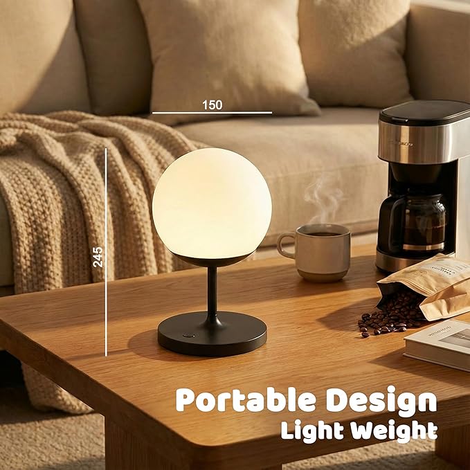 WEILAILUX Cordless Table Lamp with Globe Shade, Rechargeable Dimmable Bedside Light, Shower Lamp Waterproof, Touch Control, 8-72 Hours Runtime, 2700K Warm White for Indoor Outdoor (Wood Grain, Short)