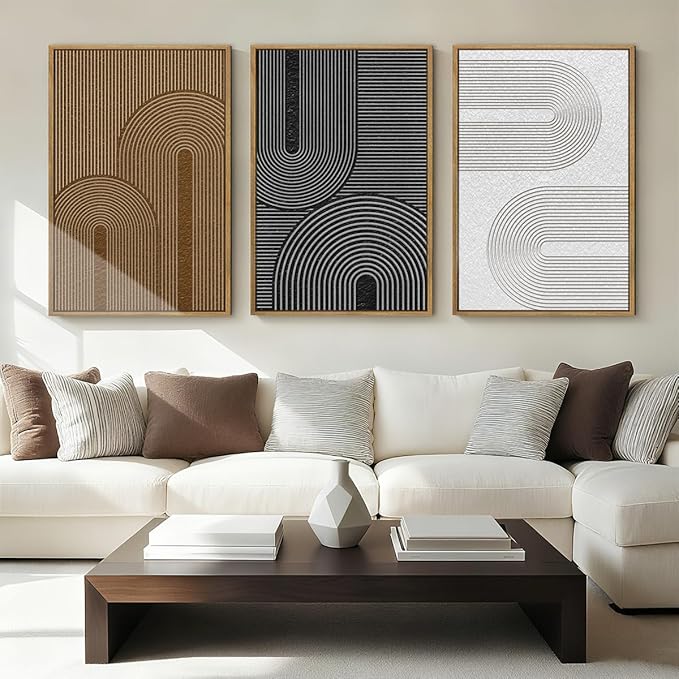 BINCUE Abstract Neutral Canvas Paintings Framed Modern Wall Art Neutral Geometric Wall Decor Modern Abstract Artwork Black and White Wall Paintings Brown Wall Pictures for Bedroom Living Room Office 16x24 Inch Set of 3