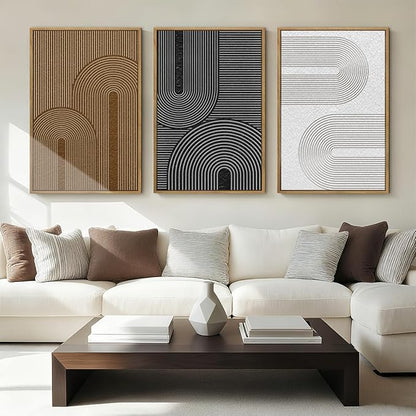 BINCUE Abstract Neutral Canvas Paintings Framed Modern Wall Art Neutral Geometric Wall Decor Modern Abstract Artwork Black and White Wall Paintings Brown Wall Pictures for Bedroom Living Room Office 16x24 Inch Set of 3