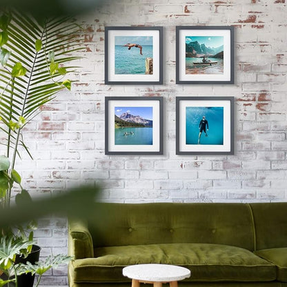 Egofine 11x11 Grey Picture Frames 4 Pack Display Pictures 4x4/8x8 with Mat or 11x11 Without Mat Made of Solid Wood for Table Top Display and Wall Mounting Photo Frame, Dark Grey