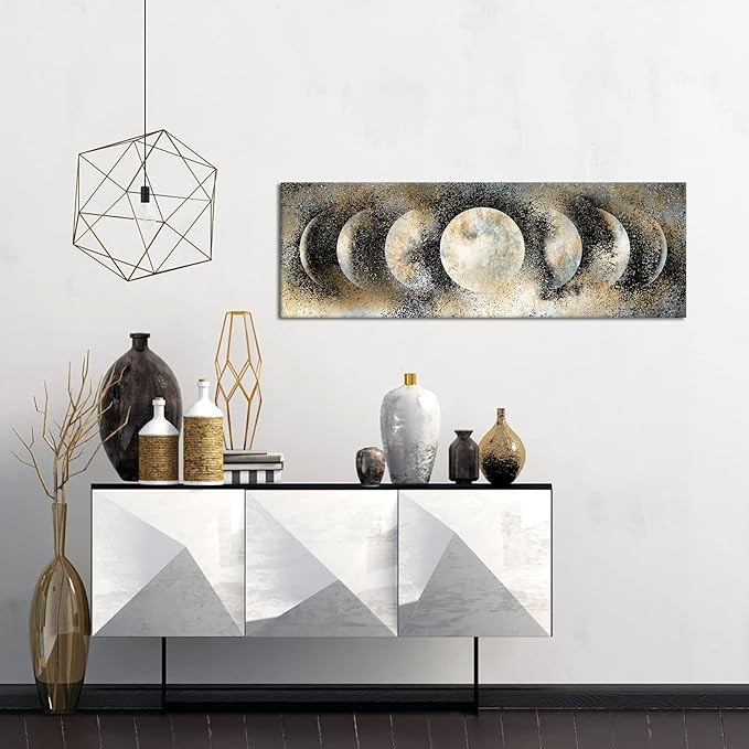 RnnJoile Moon Canvas Wall Art Decor Moon Phase Picture Posters Astrology Space Scene Painting Prints for Modern Home Office Decorations Vintage Framed Giclee Artwork Ready to Hang 16"x 48"