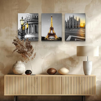 Black and white Architectural landscape Canvas Wall Art for Living Room kitchen Wall Artworks Bedroom Decoration, 3 Piece framed bathroom Home Wall decor posters Yellow Eiffel Tower wall painting