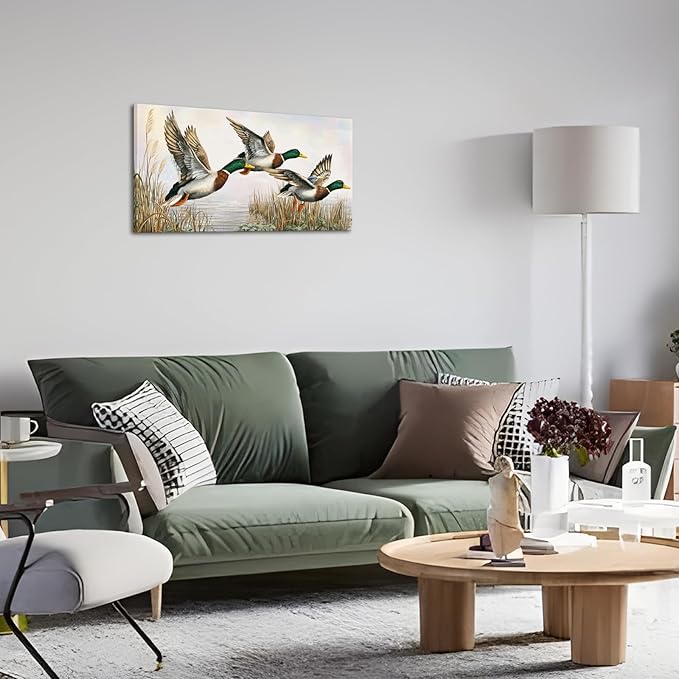 LevvArts Duck Wall Art Flying Mallard Ducks Over Lake Painting Canvas Print Vintage Lake House Cabin Decor 20"x40"
