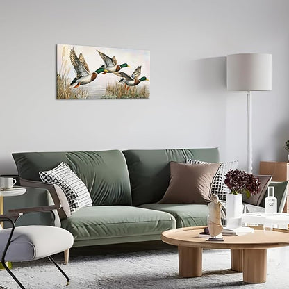 LevvArts Duck Wall Art Flying Mallard Ducks Over Lake Painting Canvas Print Vintage Lake House Cabin Decor 20"x40"