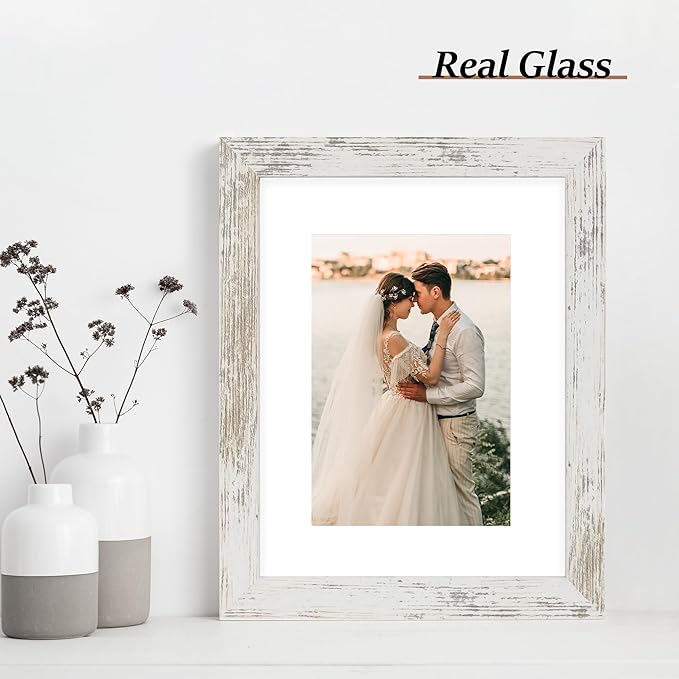 iRahmen 8x10 Picture Frame Set of 2 with HD Glass, Distressed White Wood Photo Frames Display 5x7 Pictures with Mat or 8 x 10 Without Mat for Horizontal or Vertical Tabletop and Wall Mounting
