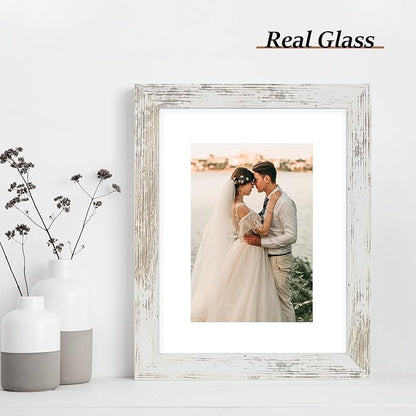 iRahmen 8x10 Picture Frame Set of 2 with HD Glass, Distressed White Wood Photo Frames Display 5x7 Pictures with Mat or 8 x 10 Without Mat for Horizontal or Vertical Tabletop and Wall Mounting
