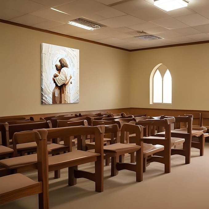 Jesus Hugging Woman Canvas Wall Art God & Girl Wall Decor Safe in His Arms Pictures Modern Christian Healing Embrace Mormon Prints Posters Artwork for Living & Prayer Room Bedroom Decor 12x16in canvas