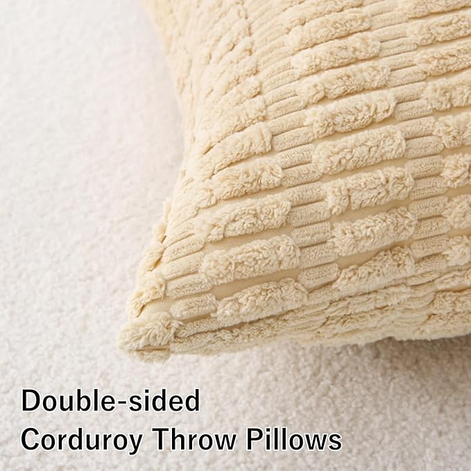 2 Pack Corduroy Decorative Throw Pillow with Inserts, 18x18 Inch Soft Boho Throw Pillow, Square Striped Throw Pillows for Couch, Bed, Sofa Decor (Creamy Beige)
