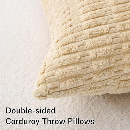 2 Pack Corduroy Decorative Throw Pillow with Inserts, 18x18 Inch Soft Boho Throw Pillow, Square Striped Throw Pillows for Couch, Bed, Sofa Decor (Creamy Beige)