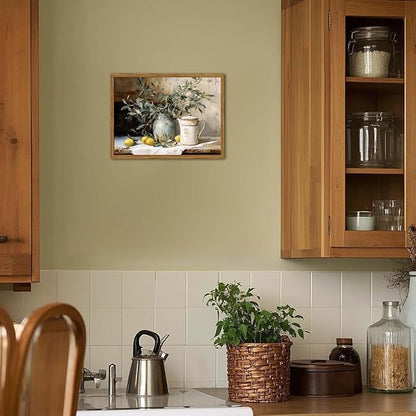 Framed Vintage Kitchen Wall Art, Rustic Yellow Lemon Still Life Pictures Wall Decor, Country Botanical Paintings Canvas Prints Farmhouse Home Decor for Dining Room Living Room 16x24 inch