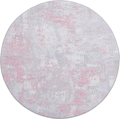 ROYHOME Modern Abstract 8x8 Round Area Rug Non Slip Non Shedding Rug Low Pile Stain Resistant for Bedroom Living Room Office Dining Room,Grey Pink