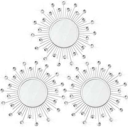 3 Pack Metal Mirrors for Wall Sunburst Wall Mirrors Home Décor Decorative Hanging Wall Art for Living Room Bedroom Entryway (Silver Crystal, Sunburst)