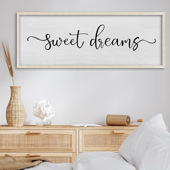 FZMHASLWW Bedroom Above Bed Wall Decor Sweet Dreams Sign 32"×12" Cozy Quote for Over Bed Farmhouse Large Rustic Minimalist Couples Horizontal Wall Hanging Decoration (White)
