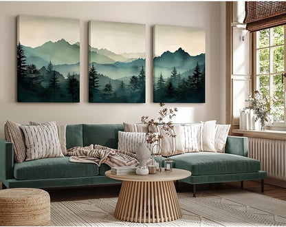 Mountain Wall Art Decor Set of 3 Sage Green Forest Canvas Wall Art Prints Nature Landscape Wall Decor Watercolor Pine Tree Pictures Abstract Modern Painting for Living Room Bedroom 16x24 Inch Framed