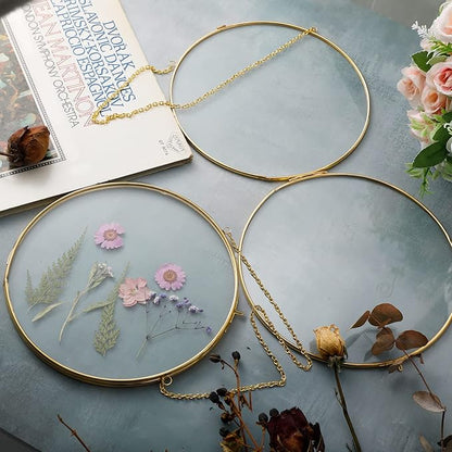 Qunclay 4 Pcs Double Glass Frame for Pressed Flowers Round Hanging Herbarium Floating Flower Press Frame Clear DIY Vintage Artwork Display holder