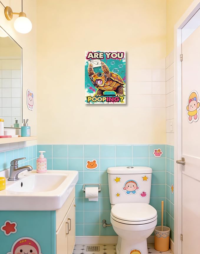 Funny Turtle Bathroom Wall Art Painting, Are You Pooping? Graffiti Humor Canvas Print, Teal Pop Art Bathroom Poster Decor, 12x16 Inch Framed Wall Picture for Bathroom Restroom Toilet Washroom