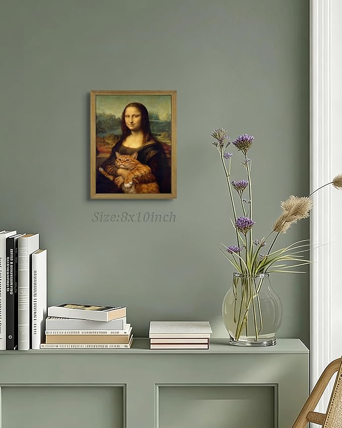 Funny Mona Lisa Cat Wall Art, Vintage Renaissance Mona Lisa Holding Orange Tabby Cat Canvas Print, Classic Abstract Art Painting Poster for Bathroom Living Room Bedroom Home Decor 8x10 Inch Framed
