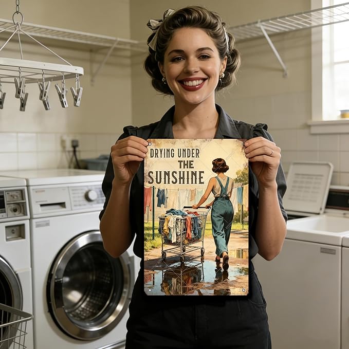 Drying Under The Sunshine Tin Sign Rustic Laundry Room Decor Vintage Metal Wall Art for Farmhouse Kitchen Bathroom 16x12 Inch