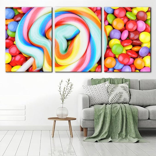 Pacimo 3 Pieces Canvas Print Wall Art Set Variety of Rainbow Candy Food Dessert Pictures Painting Prints on Canvas Modern Artwork Framed Wall Decor for Living Room Bedroom Office - 20"x28"x3