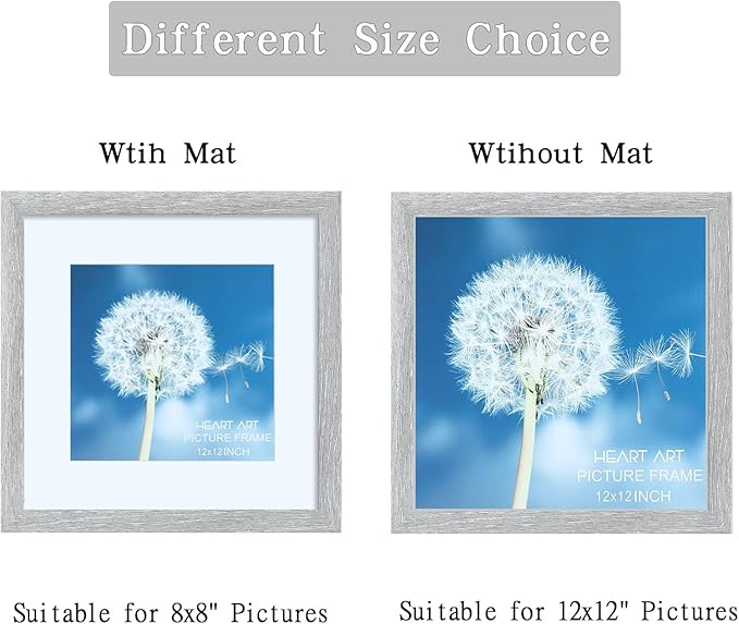 HEART ART 12x12 Grey Picture Frame Set of 9, Display Pictures 8x8 with Mat or 12 x 12 without Mat, Multi Collage Gallery Square Gray Photo Frames for Wall