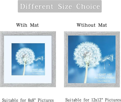 HEART ART 12x12 Grey Picture Frame Set of 9, Display Pictures 8x8 with Mat or 12 x 12 without Mat, Multi Collage Gallery Square Gray Photo Frames for Wall