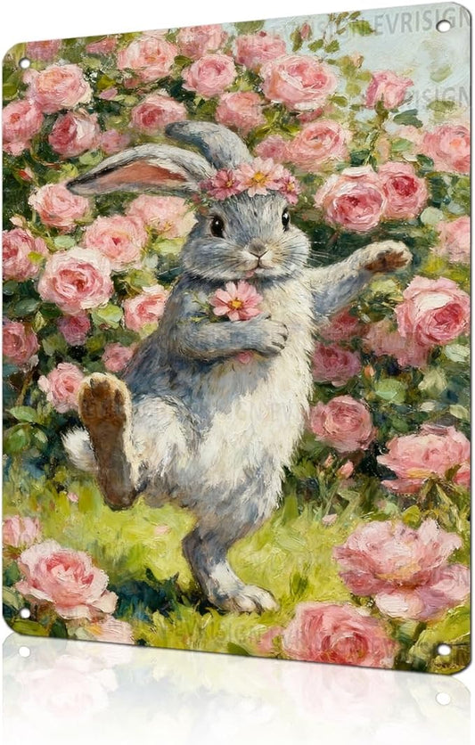 Easter Rabbit Metal Sign Primitive Country Decor Rustic Wall Art For Home Living Room Bedroom Kitchen Spring Bunny Design 12x16Inch
