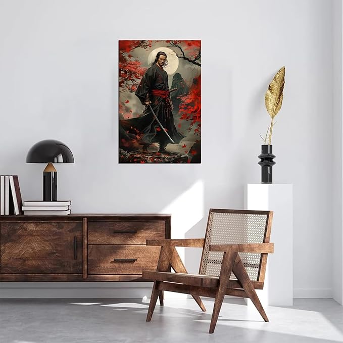Japanese Samurai Wall Art Black and Red Warrior Wall Decor Warrior Figure Pictures Bushido Posters Canvas Prints Artwork Framed for Living Room Bathroom Bedroom Office (28''W x 44''H)