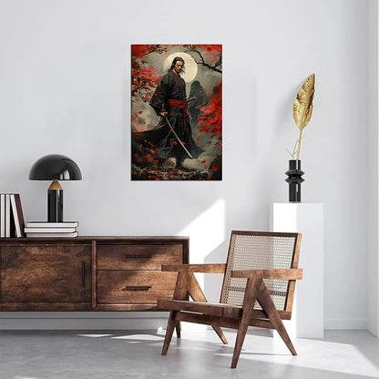 Japanese Samurai Wall Art Black and Red Warrior Wall Decor Warrior Figure Pictures Bushido Posters Canvas Prints Artwork Framed for Living Room Bathroom Bedroom Office (28''W x 44''H)