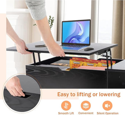 Sweetcrispy Coffee Table Lift Top Coffee Tables for Living Room,Small Rising Wooden Center Tables with Storage Shelf and Hidden Compartment, Black