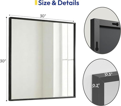 30" x 30" Square Matte Black Wall Mirror, Modern Geometric Metal Framed Decor, Bathroom Vanity & Entryway Accent Mirror, Flush Mount