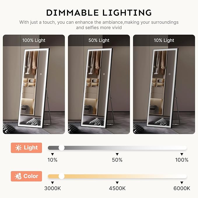 Kosmonia 71x28 Full Length Mirror, Dimmable 3 Color LED Light w/Light Memory, Distortion Free Silver Coating Mirror, HD Reflection &Anti Desilvering,Tempered Glass, Easy Setup w/Stand, Wall/Standing