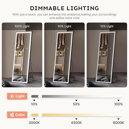 Kosmonia 71x28 Full Length Mirror, Dimmable 3 Color LED Light w/Light Memory, Distortion Free Silver Coating Mirror, HD Reflection &Anti Desilvering,Tempered Glass, Easy Setup w/Stand, Wall/Standing