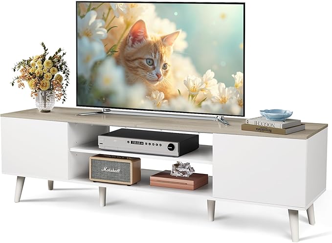 WLIVE Mid-Century Modern TV Stand for 65 70 Inch TV, Entertainment Center with Storage, Adjustable Shelves & Soft-Close, Media TV Console for Living Room/Bedroom, Greige White