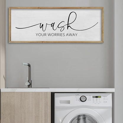 FZMHASLWW Funny Laundry Room Bathroom Wall Decor Wash Your Worries Away Sign 40"×15" Inspirational Quote Art for above the Bathtub Restroom Large Minimalist Wood Framed Hanging Plaqu (Wood)