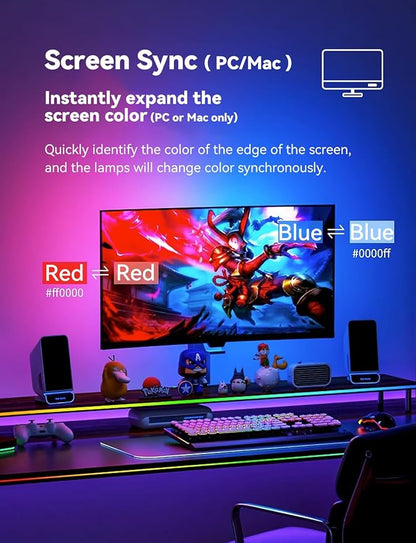 Monitor LED Backlights for PC & Mac, LED Strip Light Sync with Screen Color/Music, Computer Light Bar Behind Screen, LEDs for Desk Gaming, USB Port, Software Control, G100 (4-Side 32inch)