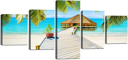 Landscape Beach Palm Tree House Scene of Sea Picture Modern Painting on Canvas 5 Piece Framed Wall Art for Living Room Bedroom Home Decor Gallery Wrap Giclee Print (50’’W x 24’’H)