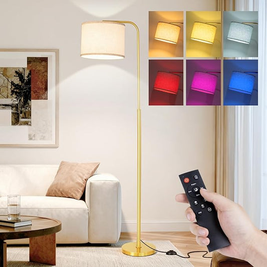 Remote Floor Lamp for Living Room and Bedroom - Modern RGB Standing Lamps Tall with Led Blub and Dimmable Light - Black Arc Room Lights with Shade for Home Decor Office Corner and Reading ( Gold+RGB)