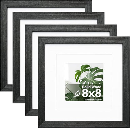 Egofine 8x8 Picture Frames Made of Solid Wood with Plexiglass, Display Pictures 4x4/6x6 with Mat or 8x8 Without Mat Set of 4 for Tabletop and Wall Mounting, Rustic Black