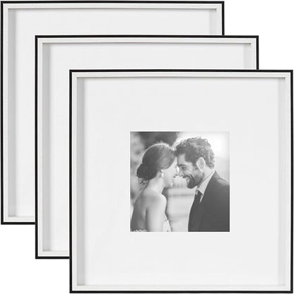 Kate and Laurel Gibson Modern Wall Picture Frame Set of 3; 16x16 matted to 8x8; Black and White; Three-Piece Frame Set for Gallery Wall Frame Set in Living Room Wall Décor