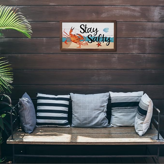 Crab Decor, Coastal Wall Decoration, Decorative Wooden Signs and Plaques, Wood Decorations for Home or Beach House, Seaside Cottage Decors, Wooden Framed Wall Decor, Stay Salty Sign 15×7.5×0.3 inches