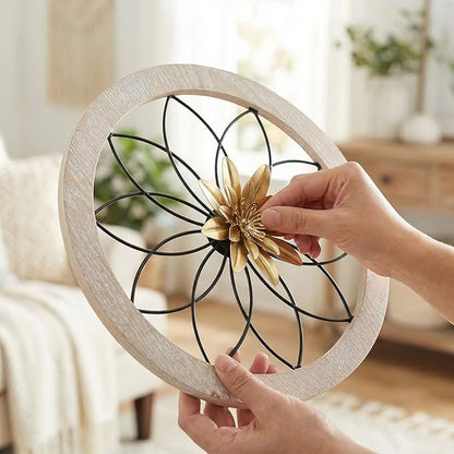 AIM & GGKK 3 Piece Round Farmhouse Wall Decor Set with Interchangeable Metal Flower, 12 Inch Rustic Wall Art for Living Room, Kitchen, Dining Room, Bedroom Modern Farmhouse Style