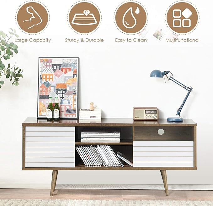 Tangkula Mid-Century Modern TV Stand for TVs up to 70" - Wooden Console Table with Storage Shelves, Cabinet and Drawer, Living Room Entertainment Center (Walnut & White)