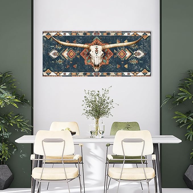 sechars Longhorn Skull Wall Art Native American Tribal Pattern Painting Picture Prints Rustic Southwestern Western Longhorn Decor 20"x48"