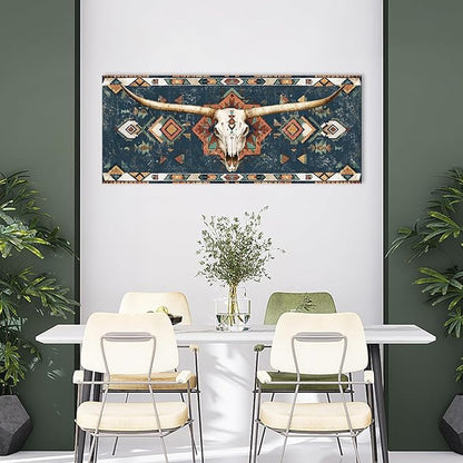 sechars Longhorn Skull Wall Art Native American Tribal Pattern Painting Picture Prints Rustic Southwestern Western Longhorn Decor 20"x48"